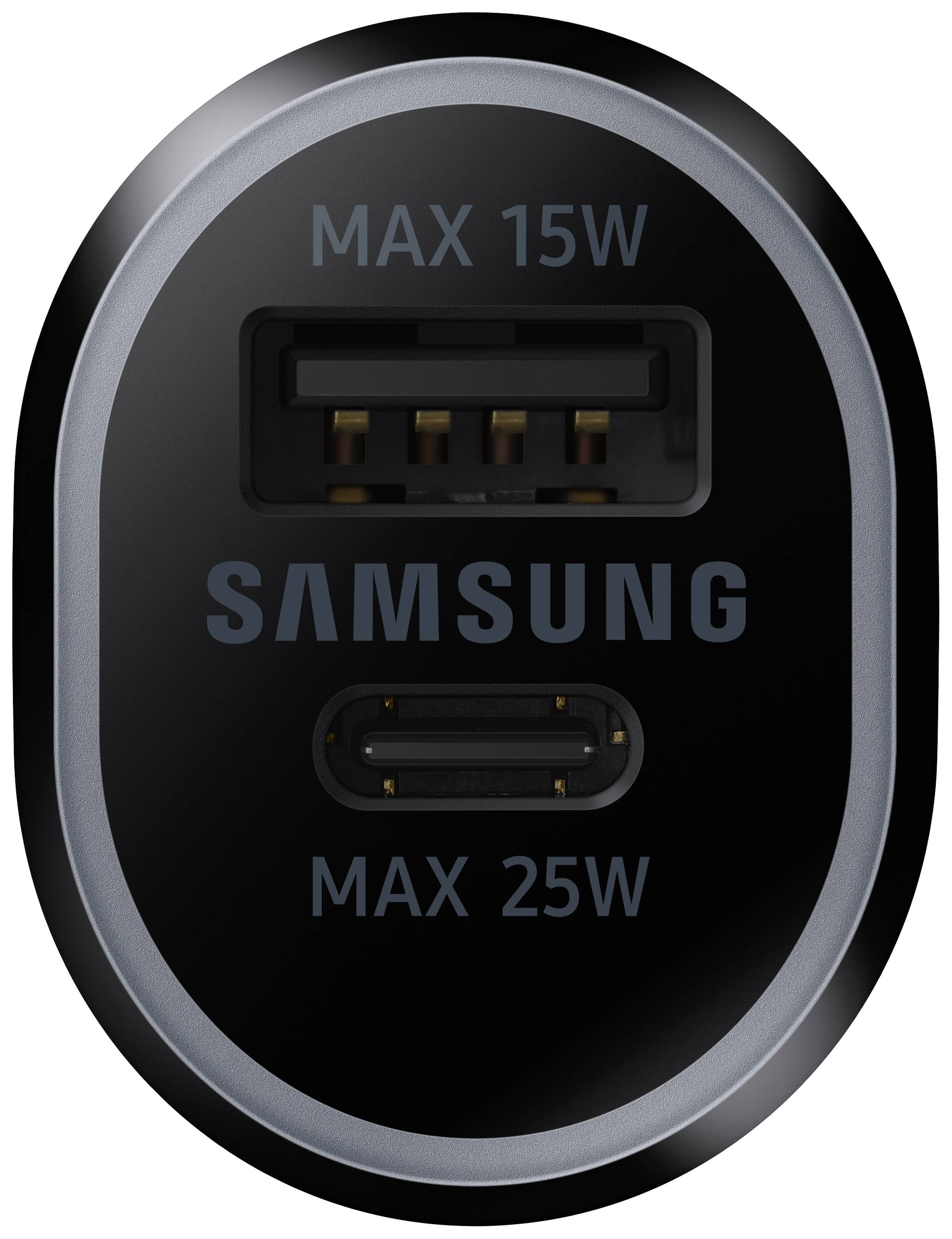 'Schwarzer Samsung-Ladeanschluss mit zwei Ports: Oben USB-A, unten USB-C. Maximal 15W und 25W Leistung angegeben.'