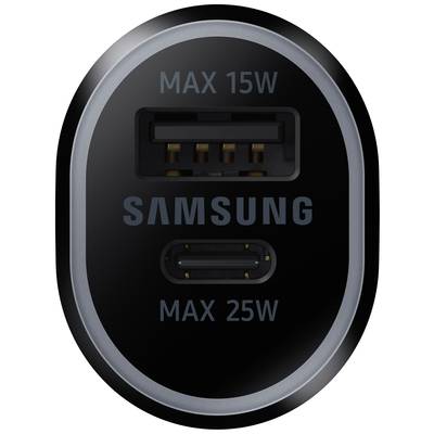 'Schwarzer Samsung-Ladeanschluss mit zwei Ports: Oben USB-A, unten USB-C. Maximal 15W und 25W Leistung angegeben.'