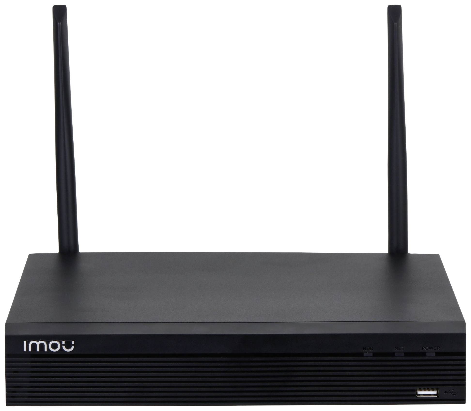 Ein schwarzer Router mit zwei Antennen aufrechtstehend. Das Gerät hat einen USB-Anschluss an der Vorderseite und das Logo 'Imou'.
