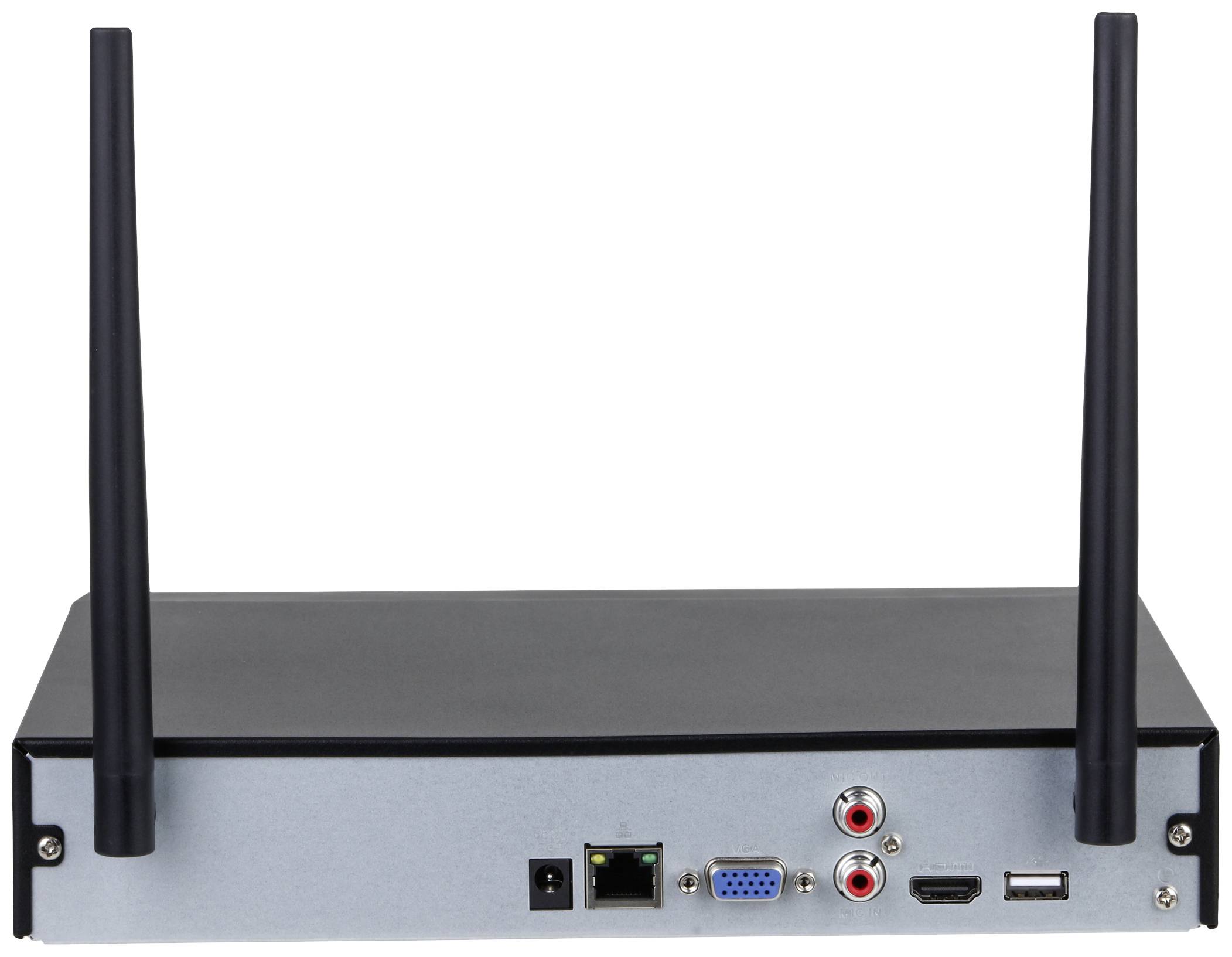 'Rückseite eines Routers oder Geräts mit zwei Antennen und verschiedenen Anschlüssen, einschließlich VGA-, Netzwerk- und USB-Anschluss.'