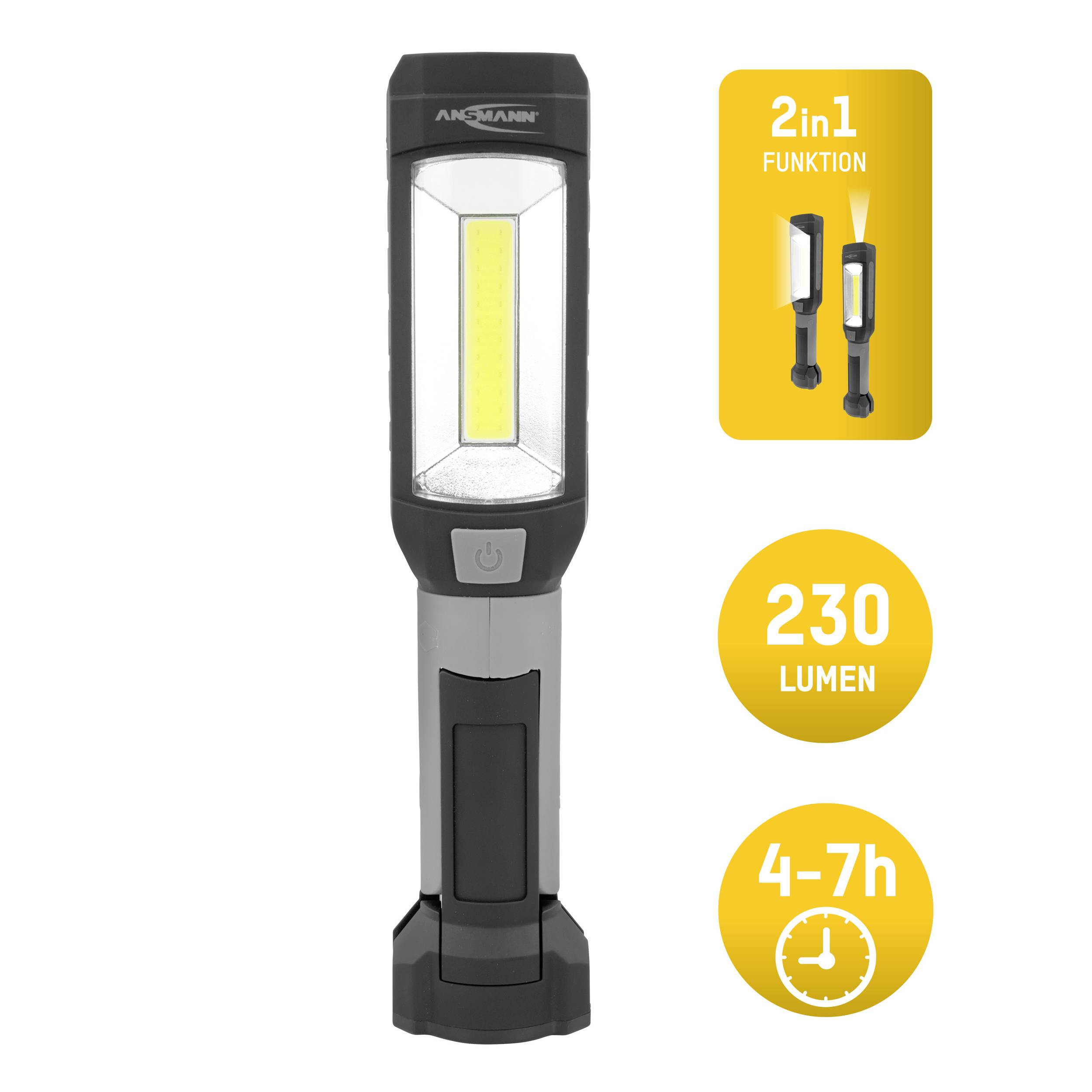Taschenlampe mit 2-in-1-Funktion, beleuchtet 230 Lumen, Leuchtdauer 4-7 Stunden.
