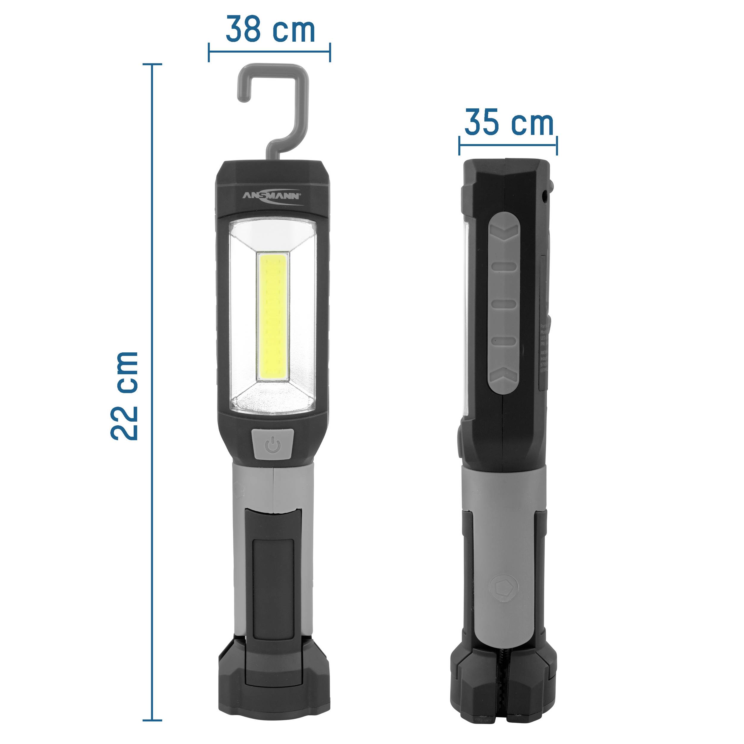 Handlampe in zwei Ansichten: Frontalansicht zeigt das LED-Licht mit Haken oben, Seitenansicht daneben. Maße: 38 cm, 35 cm.