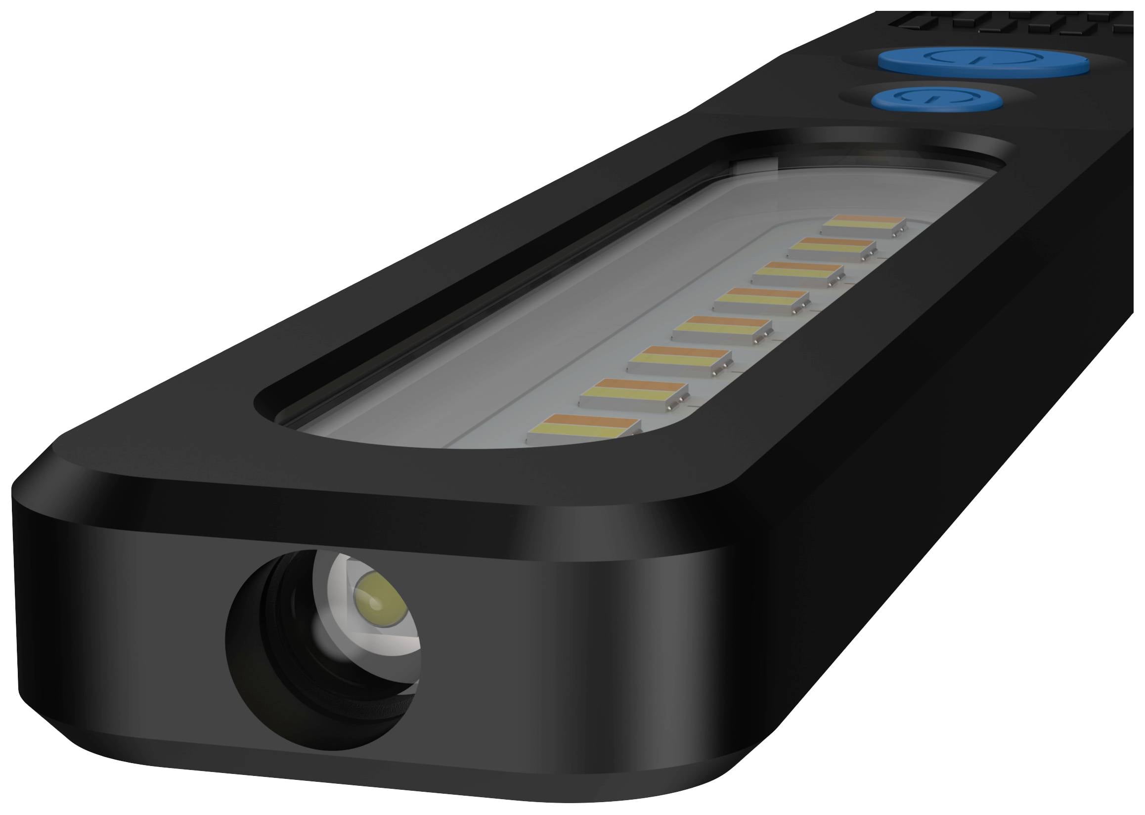 Tragbare LED-Taschenlampe mit mehreren LED-Leuchten im Gehäuse und Knöpfen für verschiedene Einstellungen.