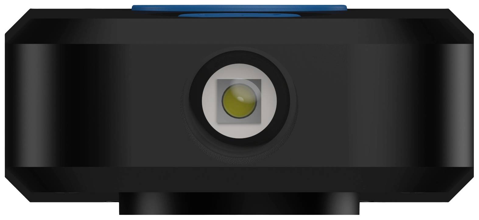 Eine schwarze Kamera von vorne, mit einem zentralen Objektiv und blauen Elementen oben.