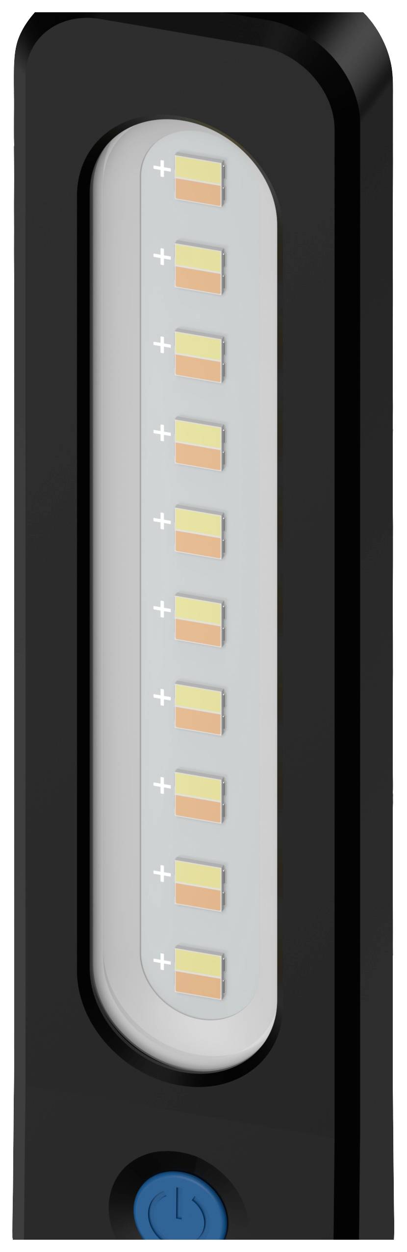 Eine schwarze tragbare LED-Lampe mit neun rechteckigen Leuchten und einem blauen Einschaltknopf unten.
