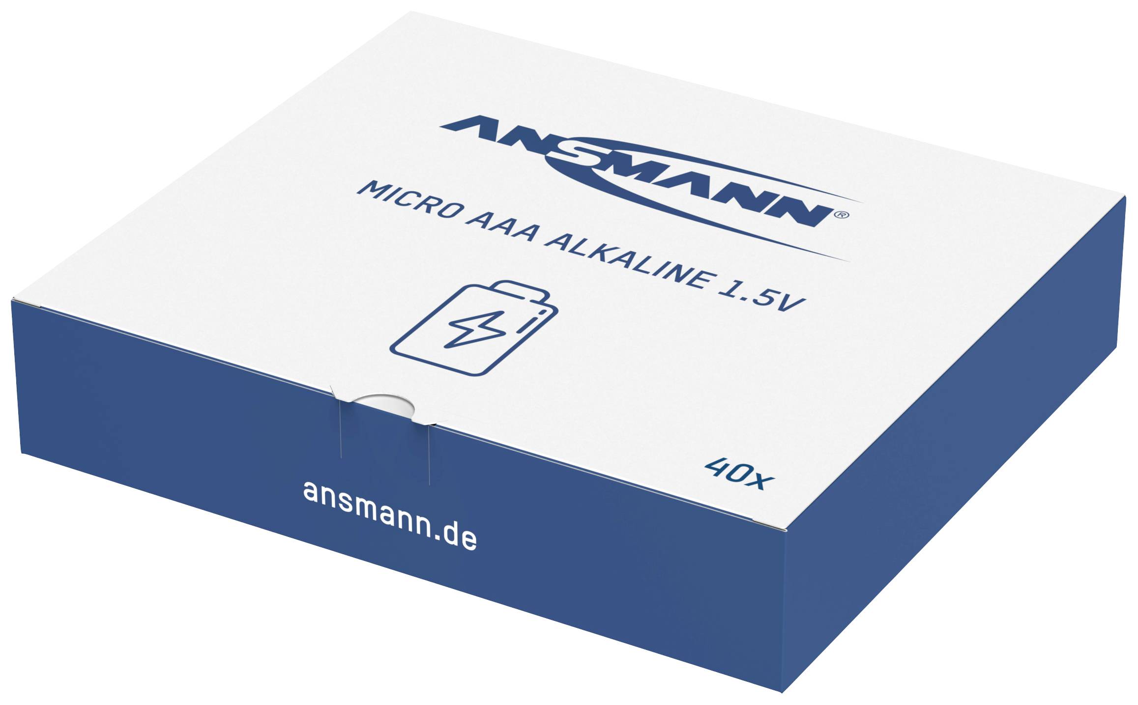 Eine Verpackung mit 40 AAA Alkaline Batterien der Marke Ansmann, 1,5V. Auf der Schachtel sind ein Batteriepiktogramm und die Website 'ansmann.de' abgedruckt.