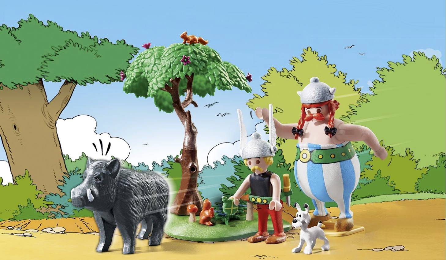 Spielzeugfiguren vor einem Baum: ein Krieger mit Helm, ein großer Krieger mit gestreifter Hose, ein Wildschwein und ein Hund. Im Hintergrund ein Wald.