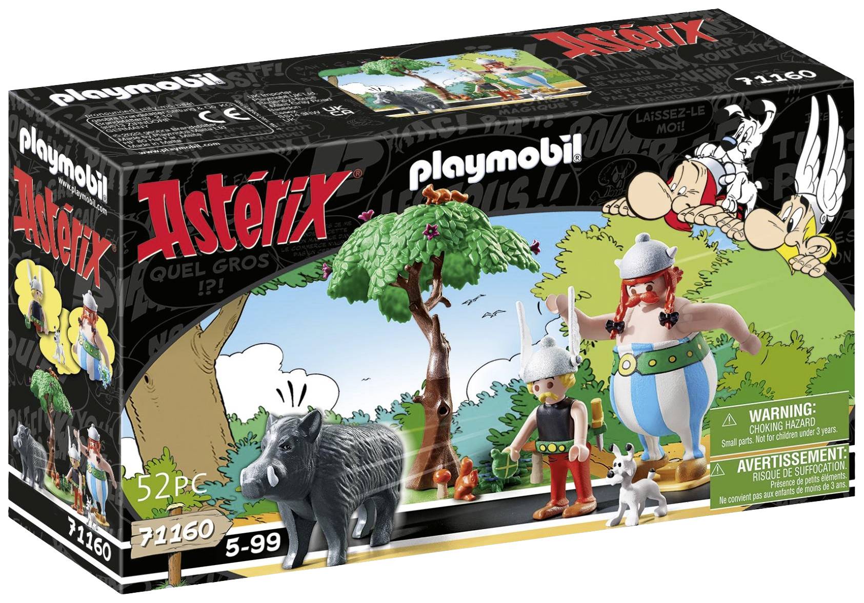 Asterix-Playmobil-Set-Verpackung mit Asterix- und Obelix-Figuren, Wildschwein, kleinem Baum und Hund. Ab 5 Jahren, 52 Teile.