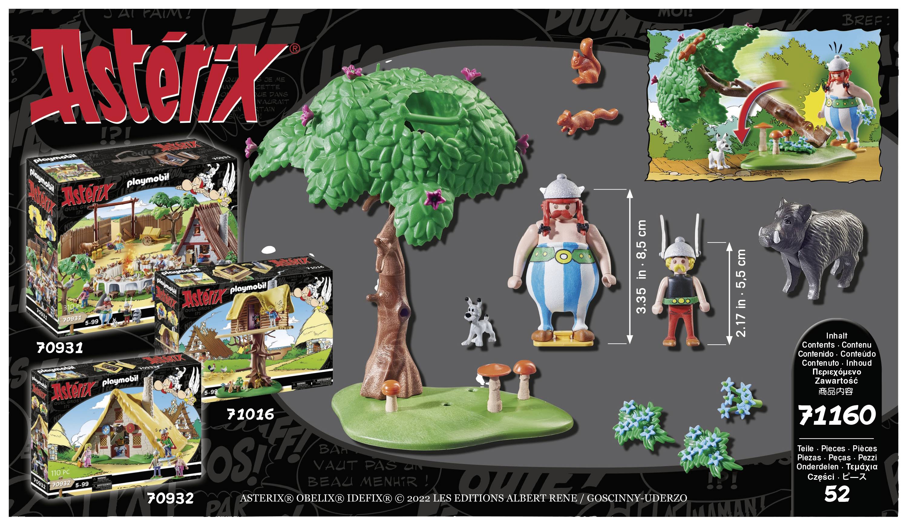 Asterix-Spielset mit Figuren: Asterix, Obelix, Idefix, Wildschwein, Baum und Zubehör. Verpackung zeigt verschiedene Sets.