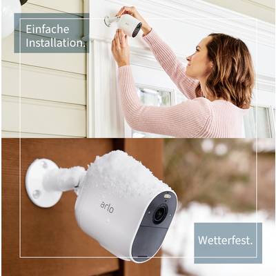 Frau installiert eine Überwachungskamera im Außenbereich. Text 'Einfache Installation. Wetterfest.' zeigt die einfache Montage und Wetterbeständigkeit der Kamera.