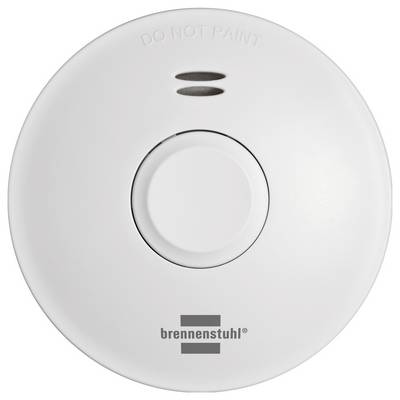 Weißer runder Rauchmelder mit zentraler Testtaste, zwei Anzeigefenstern, Label 'NICHT ANSTREICHEN' und Brennenstuhl-Logo