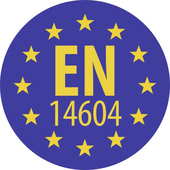 Blaues kreisförmiges EN 14604-Zertifizierungszeichen mit gelben Sternen am Rand und großem gelbem Text in der Mitte.
