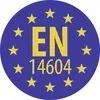 Blaues kreisförmiges EN 14604-Zertifizierungszeichen mit gelben Sternen am Rand und großem gelbem Text in der Mitte.