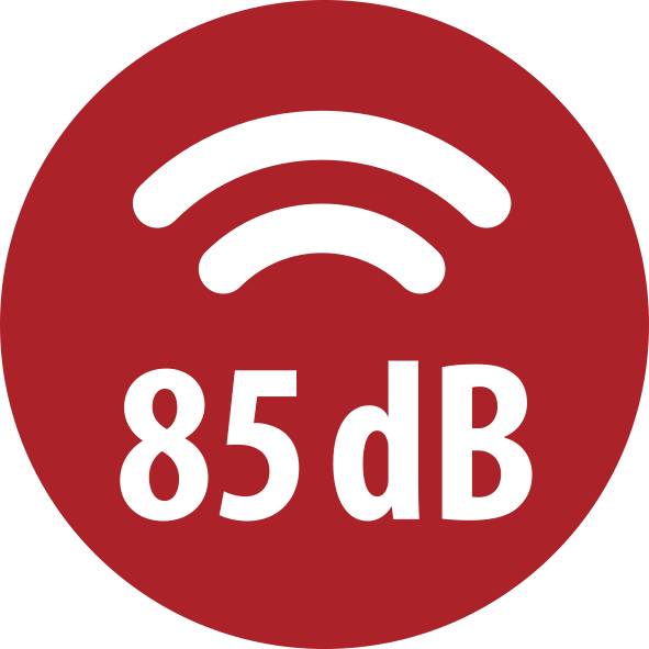 Rotes kreisförmiges Warnicon mit Geräuschsymbolen, Wi‑Fi‑Symbol und dem Text „85 dB", das eine hohe Lautstärke anzeigt.