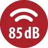 Rotes kreisförmiges Warnicon mit Geräuschsymbolen, Wi‑Fi‑Symbol und dem Text „85 dB", das eine hohe Lautstärke anzeigt.