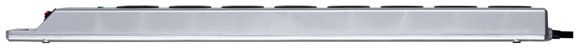 Eine silberne Steckdosenleiste mit mehreren Steckplätzen, seitliche Ansicht.