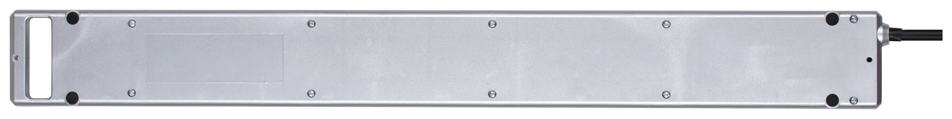 Ein silbernes, rechteckiges Metallgehäuse mit abgerundeten Ecken, das seitlich ein schwarzes Kabel hat.