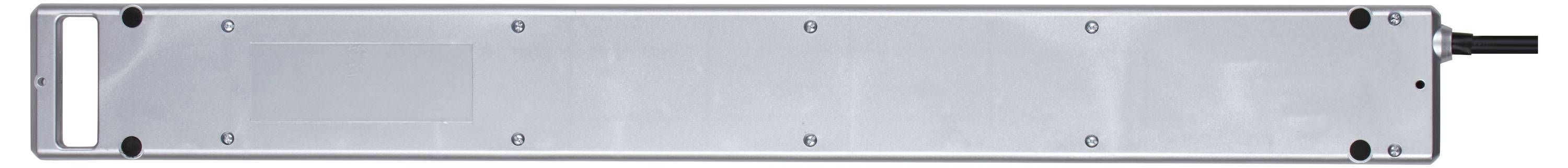 Ein rechteckiges, flaches Metallgehäuse mit Schrauben an den Ecken und einem Kabel, das an der rechten Seite angeschlossen ist.