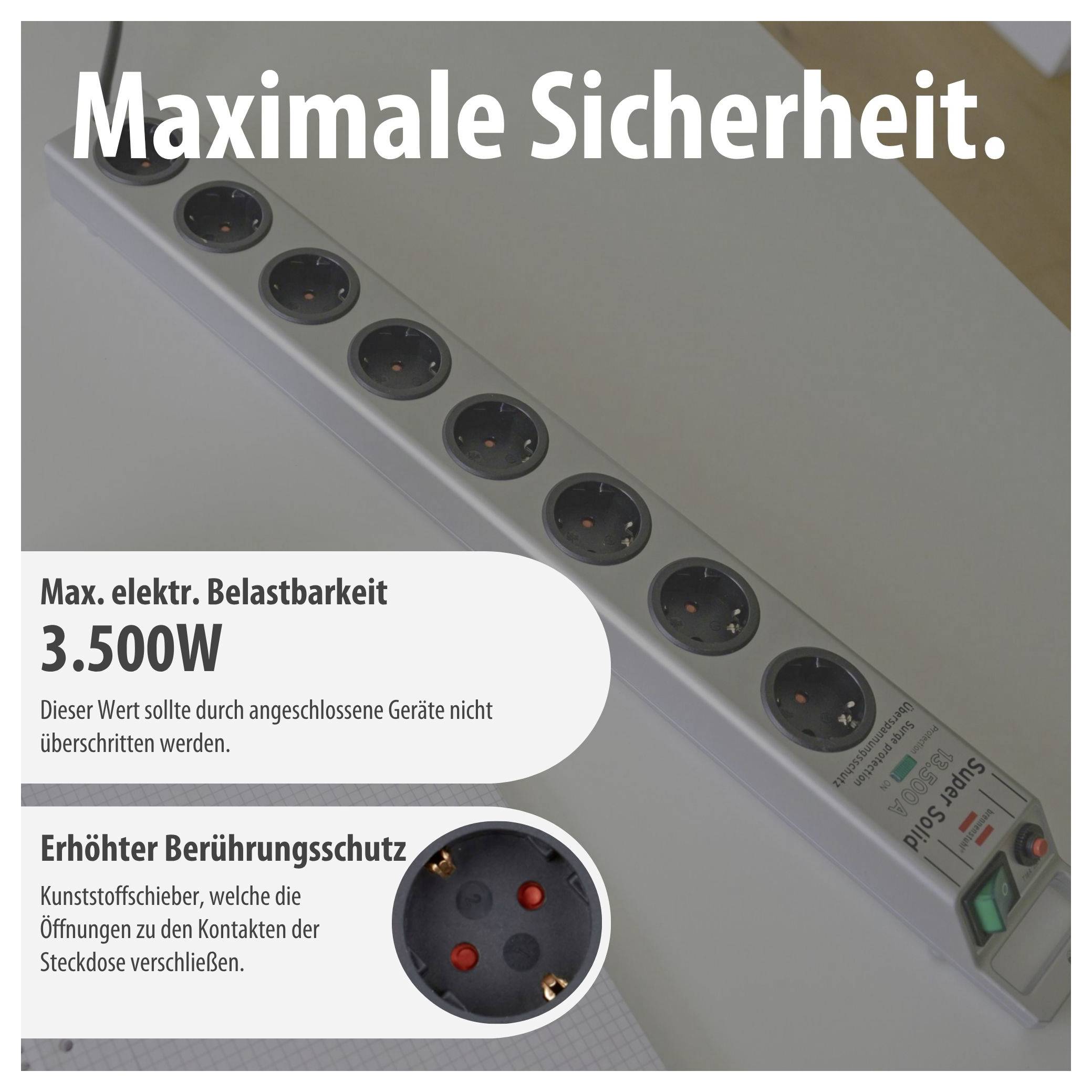Werbegrafik einer Steckdosenleiste mit dem Titel 'Maximale Sicherheit.'; nennt 3.500 W Belastbarkeit und erhöhten Berührungsschutz durch Kunststoffschieber.
