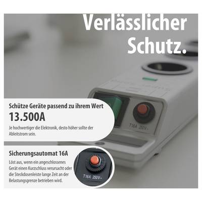 Werbeanzeige für Überspannungsschutz: 'Verlässlicher Schutz' mit Gerät und Empfehlung '13.500A' sowie 'Sicherungsautomat 16A' für passende Absicherung.