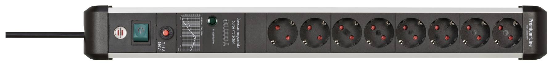 Eine schwarze Steckdosenleiste mit acht Steckplätzen und einem Schalter, geeignet für verschiedene elektrische Geräte.