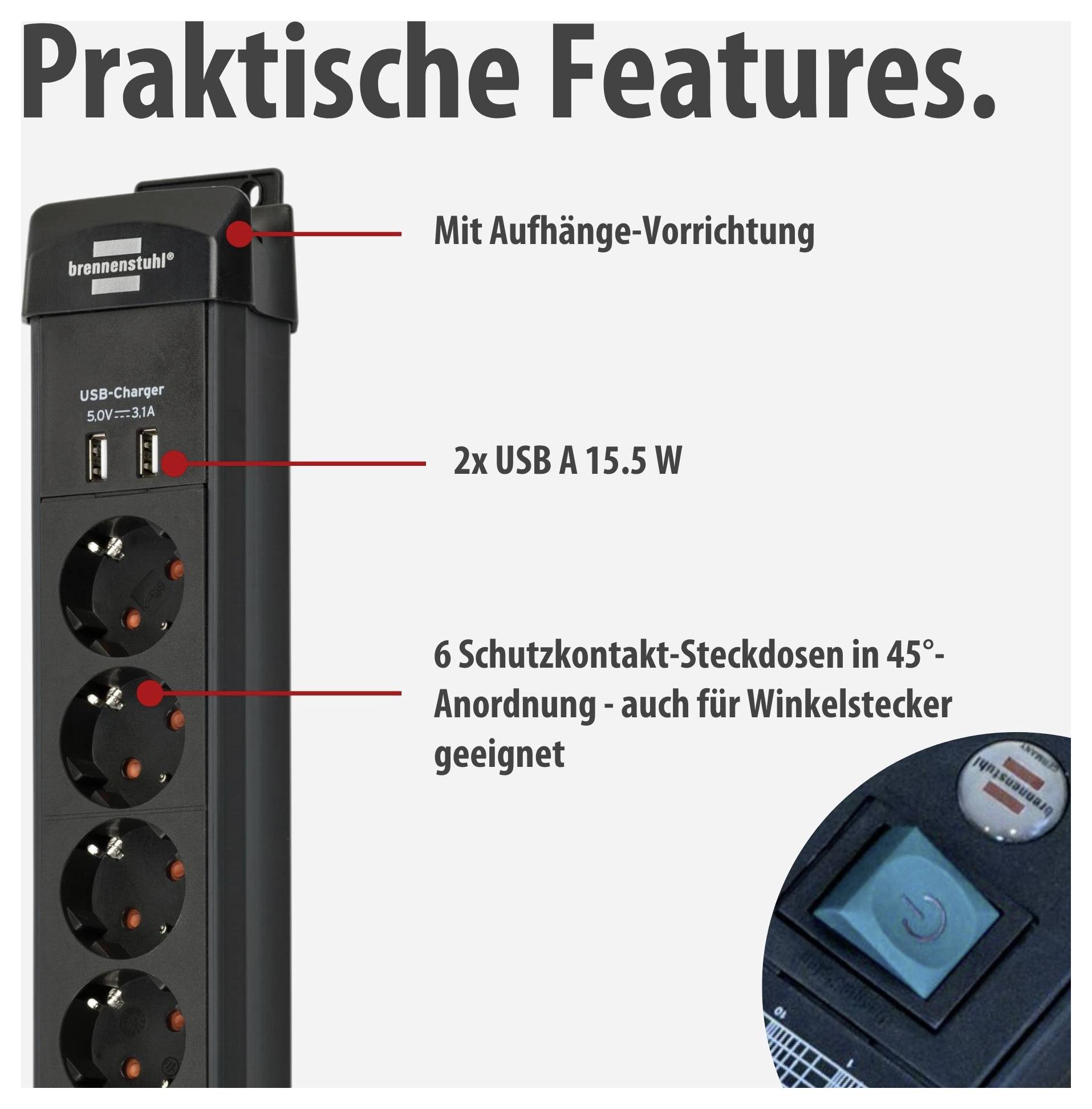 Brennstuhl-Steckdosenleiste mit Aufhänge-Vorrichtung, 2 USB-A-Anschlüssen und 6 Schutzkontakt-Steckdosen in 45°-Anordnung.