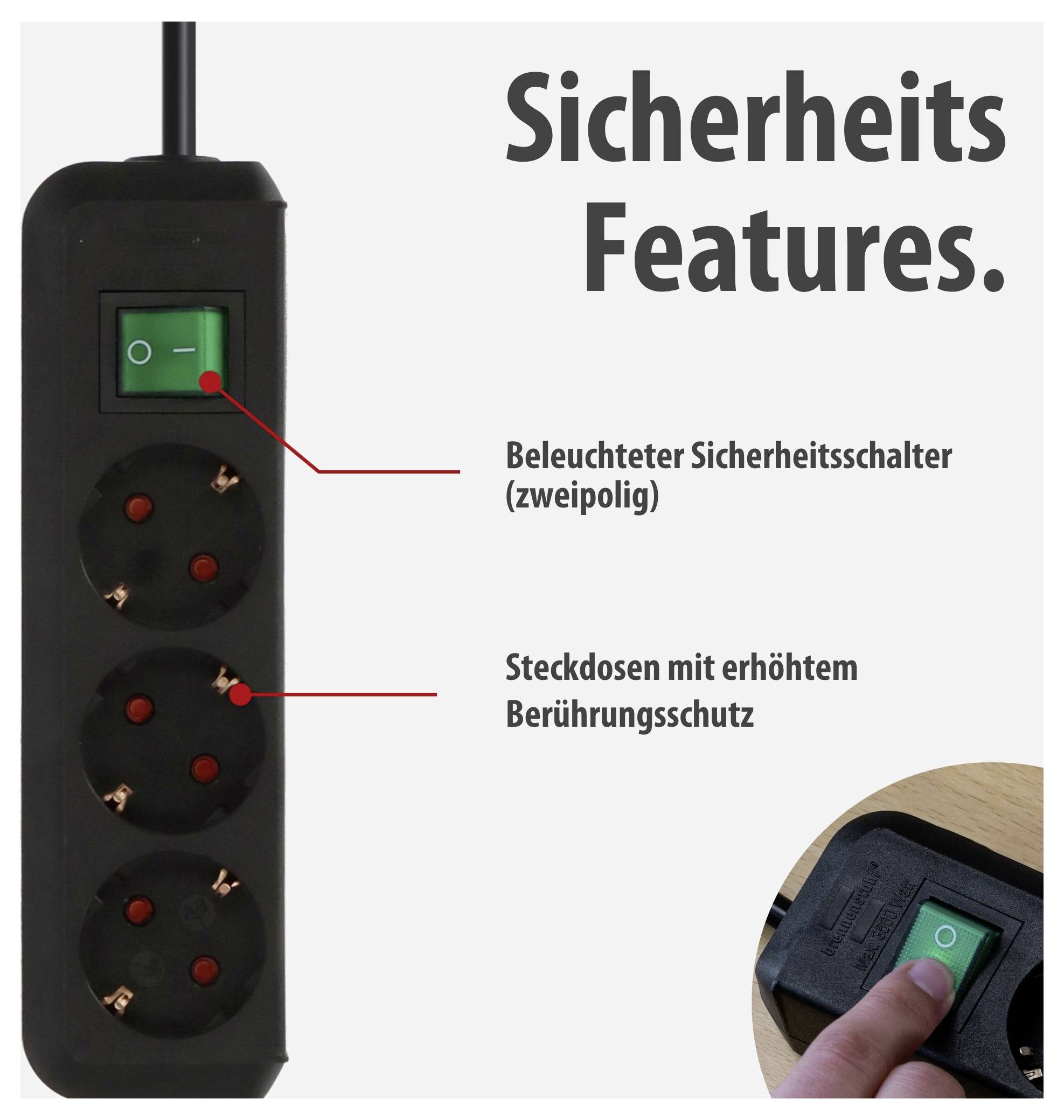 Infografik zu Sicherheits-Features einer schwarzen Steckdosenleiste: beleuchteter zweipoliger Sicherheitsschalter und Steckdosen mit erhöhtem Berührungsschutz, mit Detailfoto des Schalters.