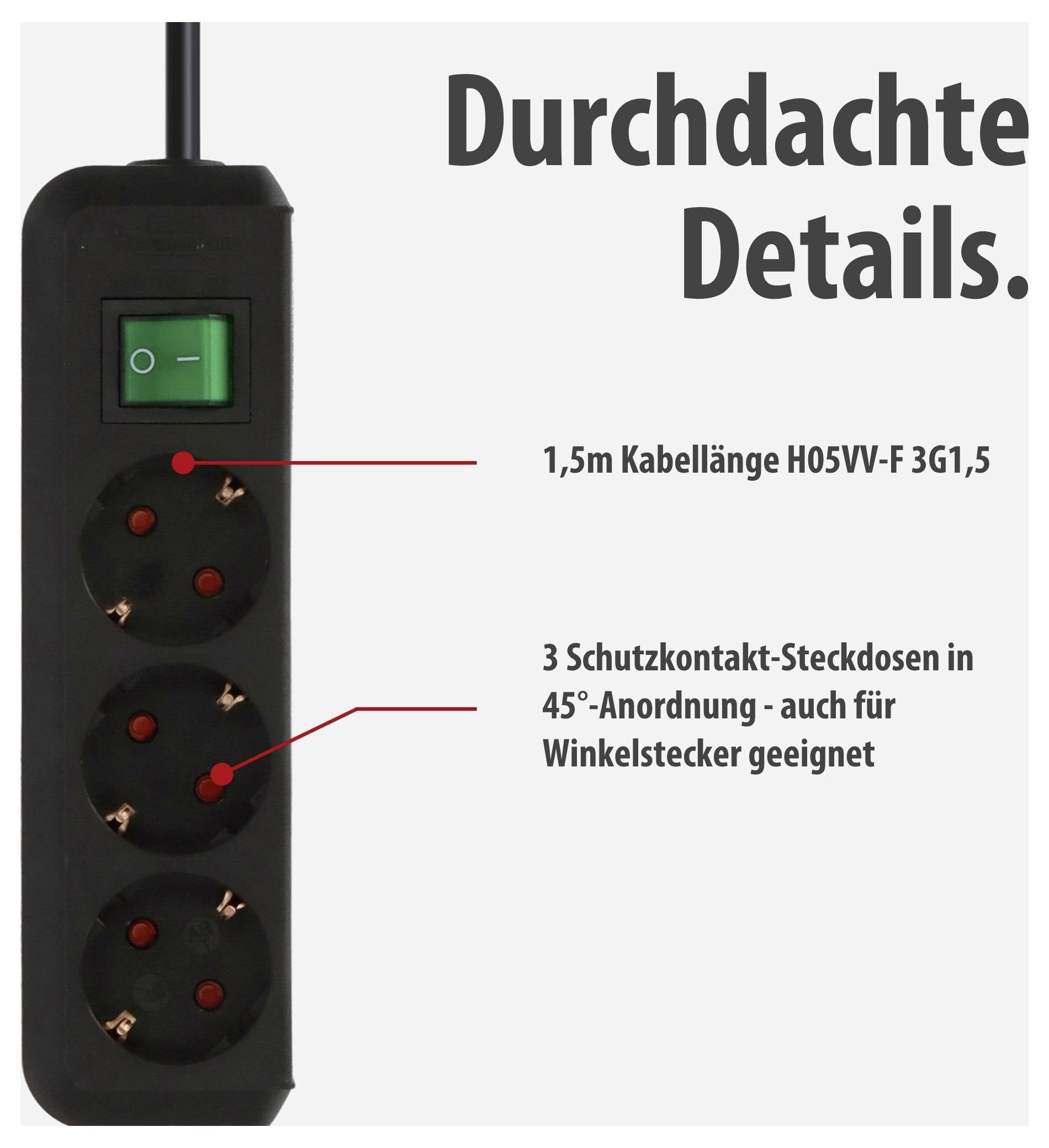 Schwarze Steckdosenleiste mit grünem Schalter; Text nennt 1,5 m Kabel und 3 Schutzkontakt-Steckdosen in 45°-Anordnung für Winkelstecker.