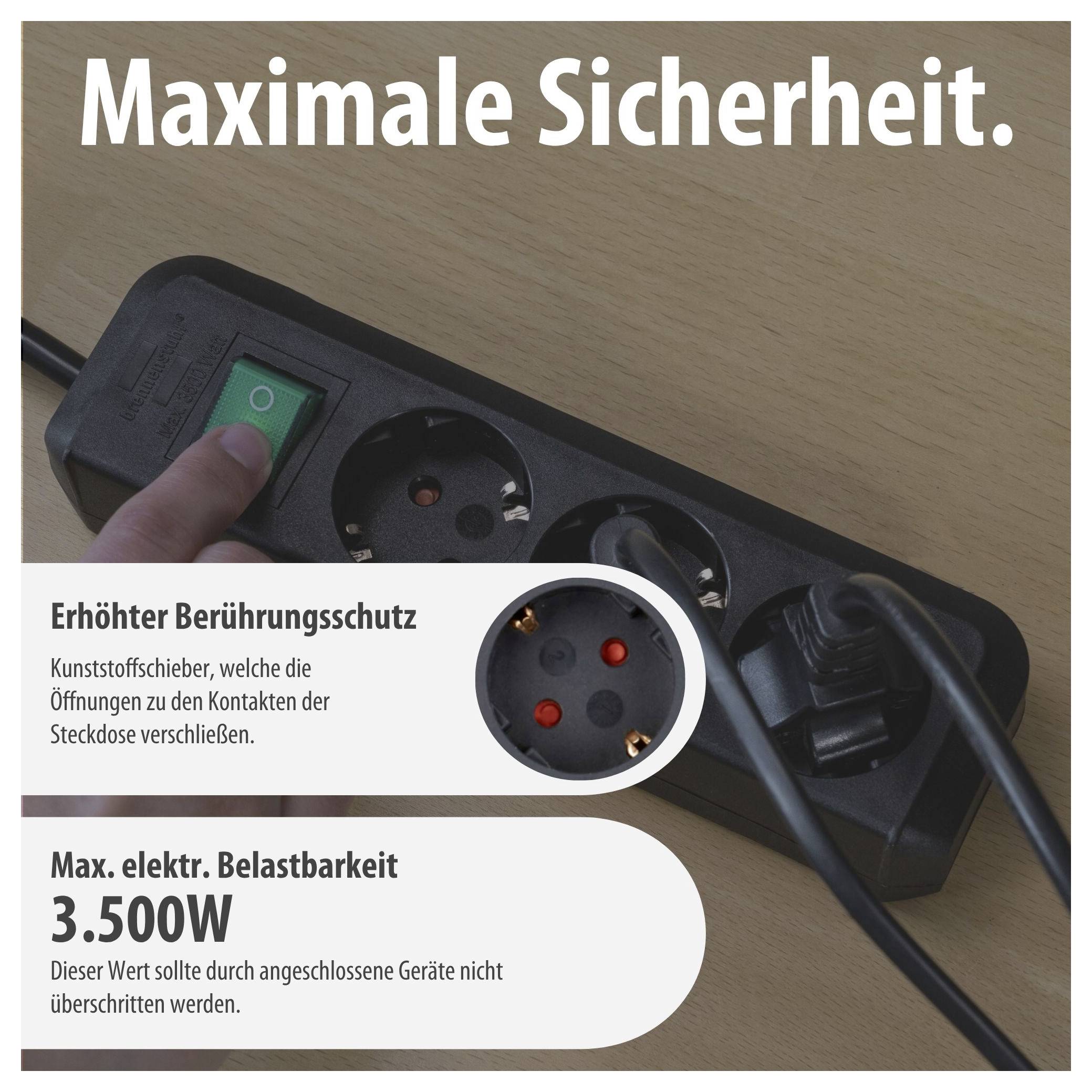 Werbegrafik einer Steckdosenleiste mit dem Titel 'Maximale Sicherheit.'; betont Berührungsschutz und max. elektrische Belastbarkeit von 3.500 W.<br>