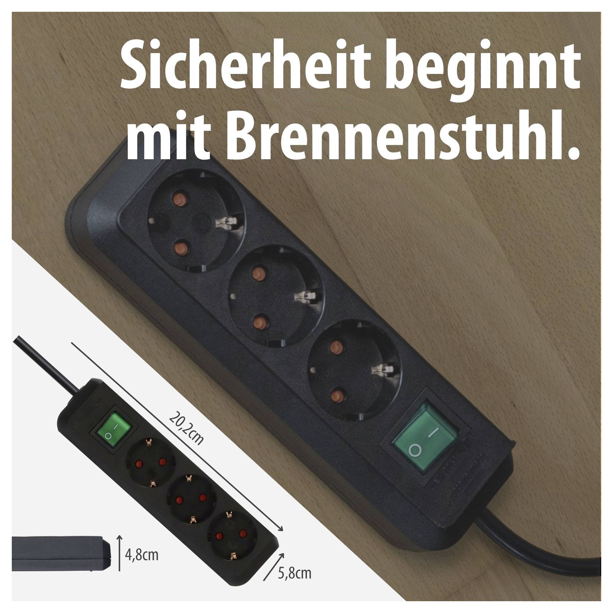 Werbung für eine Brennenstuhl-Steckdosenleiste mit dem Slogan 'Sicherheit beginnt mit Brennenstuhl.' und Maßangaben 20,2 cm, 4,8 cm, 5,8 cm.