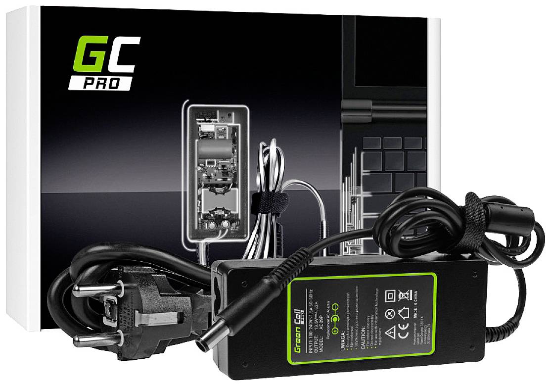 'Netzteil für Laptop. Abgebildet sind der Adapter mit Kabel und Stecker vor einer Verpackung mit technischer Illustration des Netzteils.'
