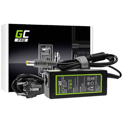 Laptop-Netzteil mit Stecker und Kabel, verpackt in einer Box mit Aufschrift 'GC Pro'. Hauptmerkmale sind Spezifikationen und Sicherheitszeichen.