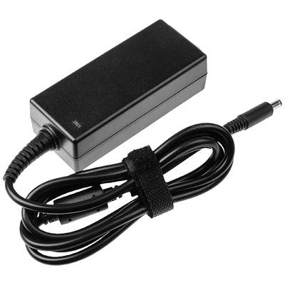 Ein schwarzes Ladegerät mit Netzkabel und Stecker, oft verwendet für Laptops, auf einem weißen Hintergrund.