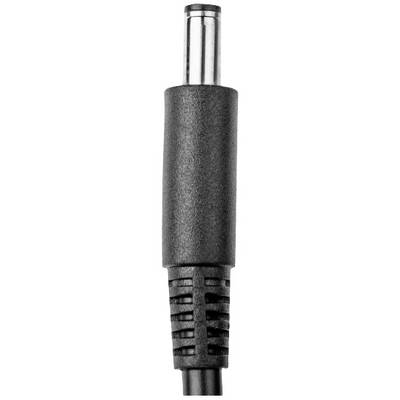 Nahaufnahme eines schwarzen Netzteilsteckers mit Metallstift, umgeben von einem geriffelten Kunststoffgehäuse.