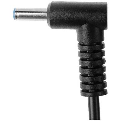 Ein schwarzer, abgewinkelter Netzteilstecker mit einem blauen Ring an der Spitze.