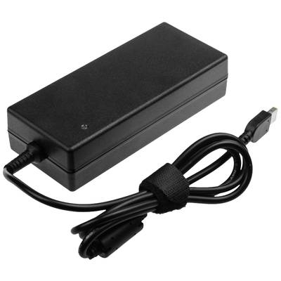 Schwarzes Laptop-Netzteil mit Kabel, einem rechteckigen Gehäuse und kleinem runden Stecker.