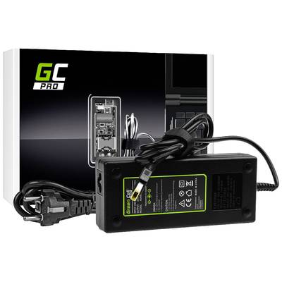 Ein schwarzes Laptop-Ladegerät mit Netzkabel liegt vor seiner Verpackung. Die Verpackung zeigt das Produkt, ein GC Pro Adapter.