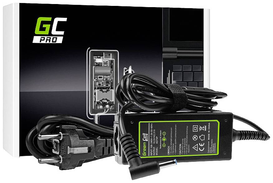 Netzteil mit Kabeln und Stecker, vor einer Verpackung präsentiert. Die Verpackung zeigt das Innenleben eines Gerätschnittbilds.