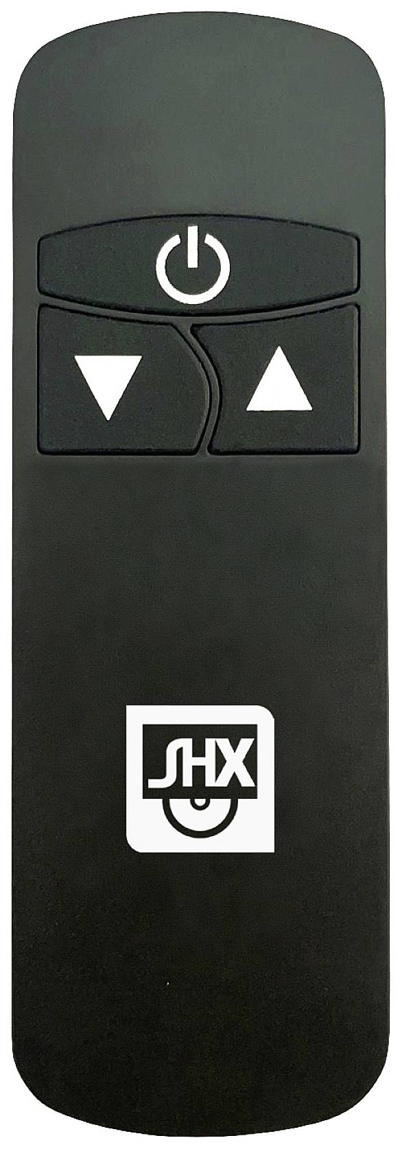Fernbedienung mit Ein/Aus-Taste und zwei Richtungstasten. Logo mittig darunter.