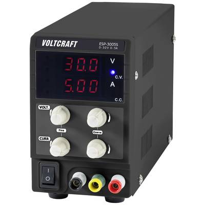 Spannungsversorgungseinheit in Schwarz mit Display. Zeigt 30,0 Volt und 5,00 Ampere, mit mehreren Steuerknöpfen und Anschlüssen.