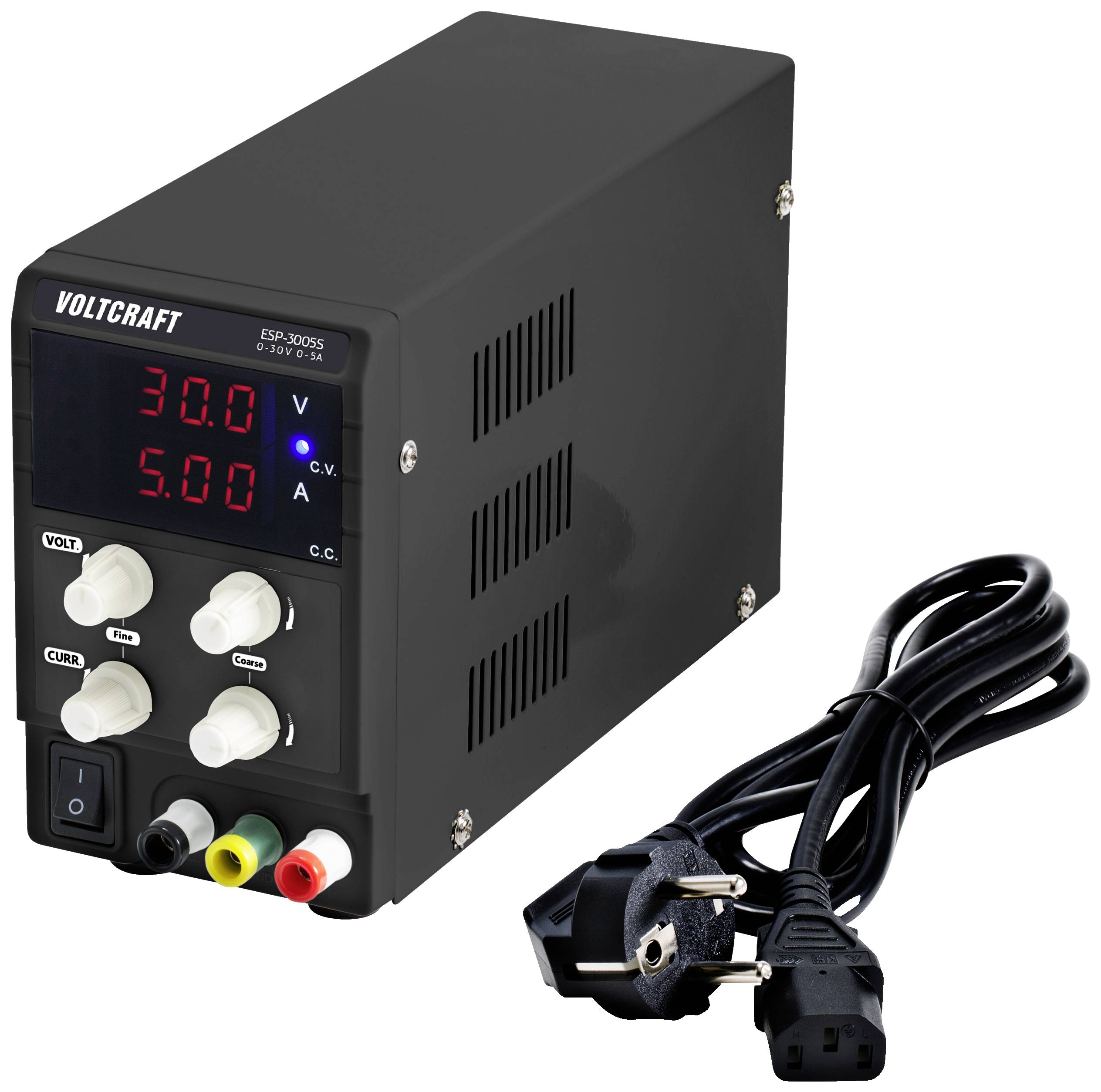 Ein schwarzes Labor-Netzgerät mit LED-Anzeige zur Spannungs- und Stromanzeige (30.0 V, 5.00 A). Daneben liegt ein Netzkabel.