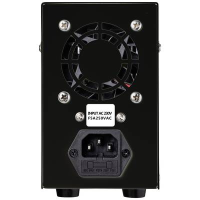 Rückansicht eines schwarzen Netzteils mit Lüfter, 230V-Eingang und F5A250VAC-Sicherung.