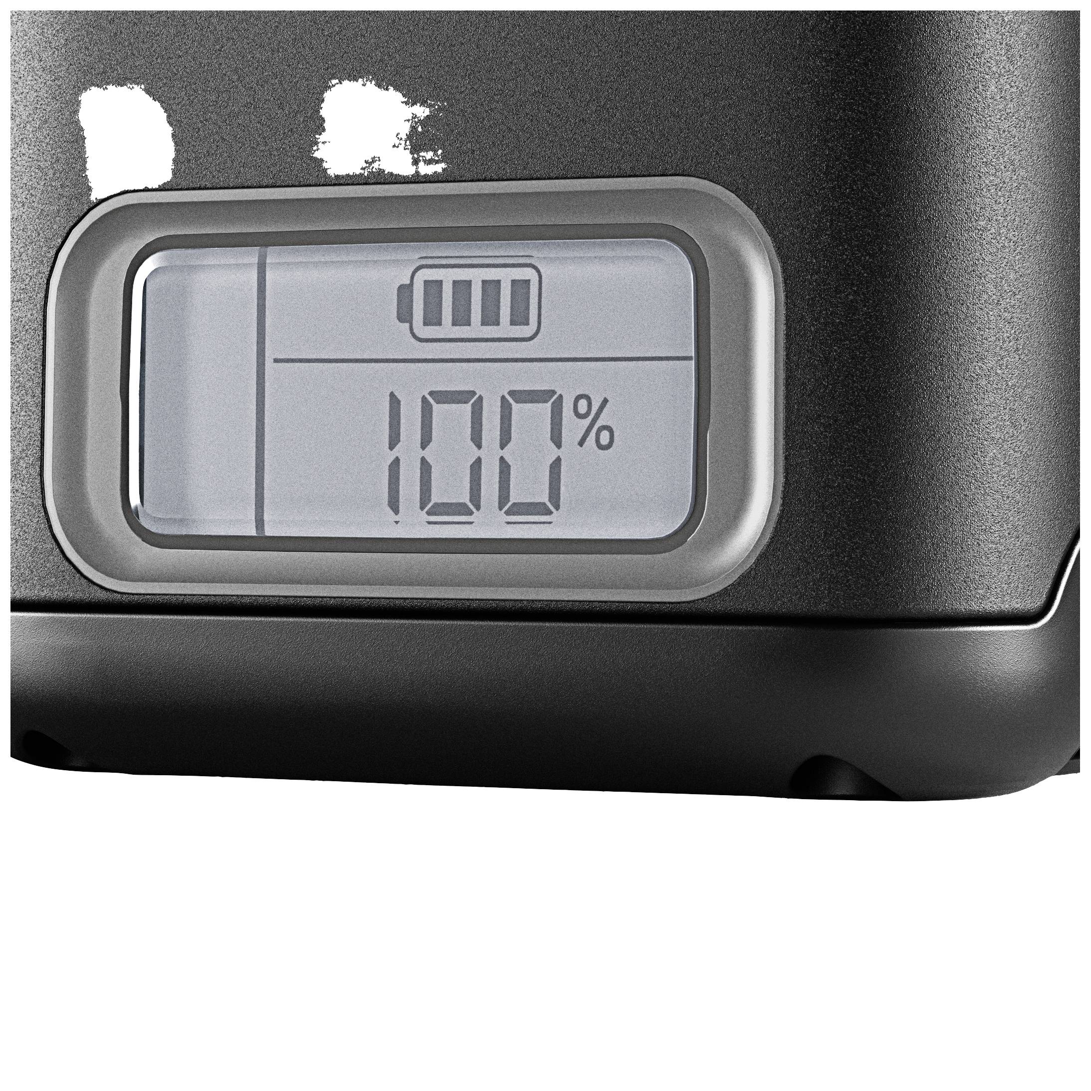 Anzeigebildschirm eines Geräts zeigt Batteriestatus von 100 Prozent.