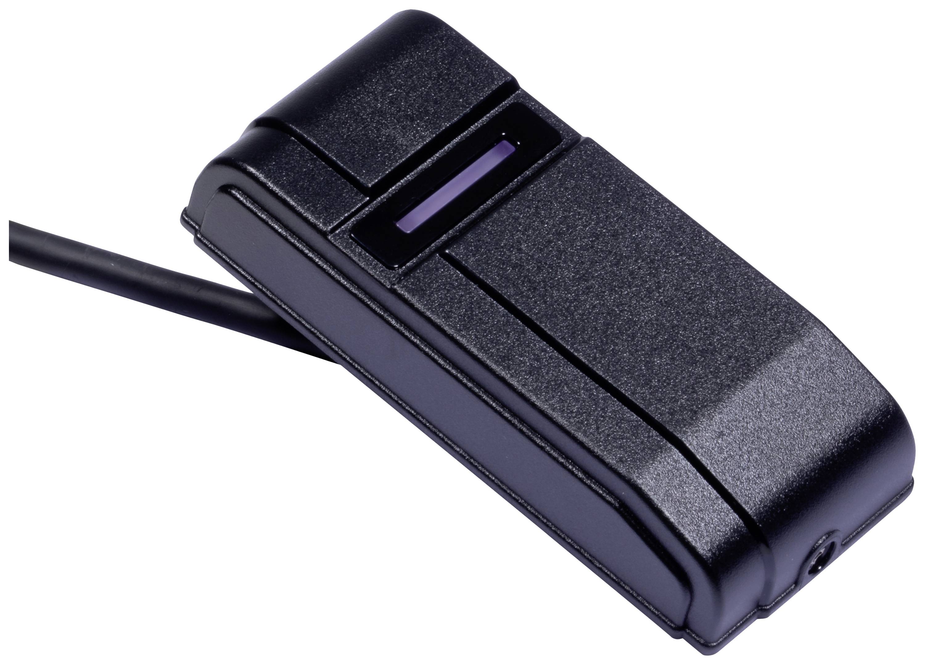 Ein schwarzer Barcode-Scanner mit rechteckiger Form und ein Kabel an der Rückseite. Hauptsächlich für das Scannen von Barcodes geeignet.