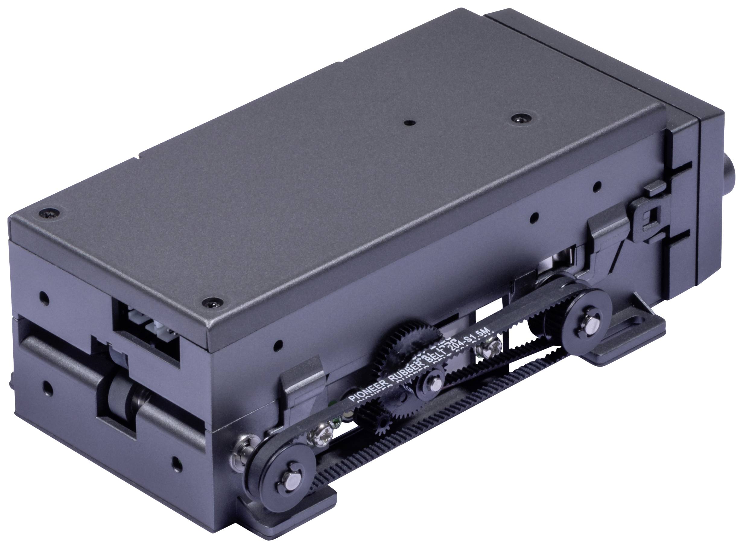Schwarzes mechanisches Gerät mit Zahnrädern und Riemenantrieb, möglicherweise ein Teil einer Maschine oder eines elektronischen Geräts.