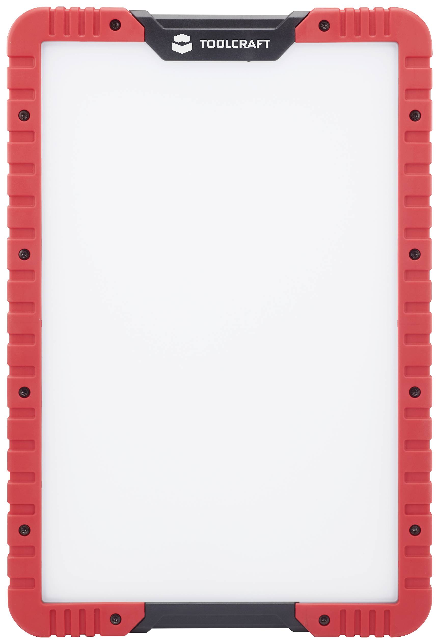 Rechteckige LED-Arbeitsleuchte mit rotem Rahmen und schwarzem Detail, mit 'TOOLCRAFT'-Logo oben. Ideal zur Ausleuchtung von Arbeitsbereichen.