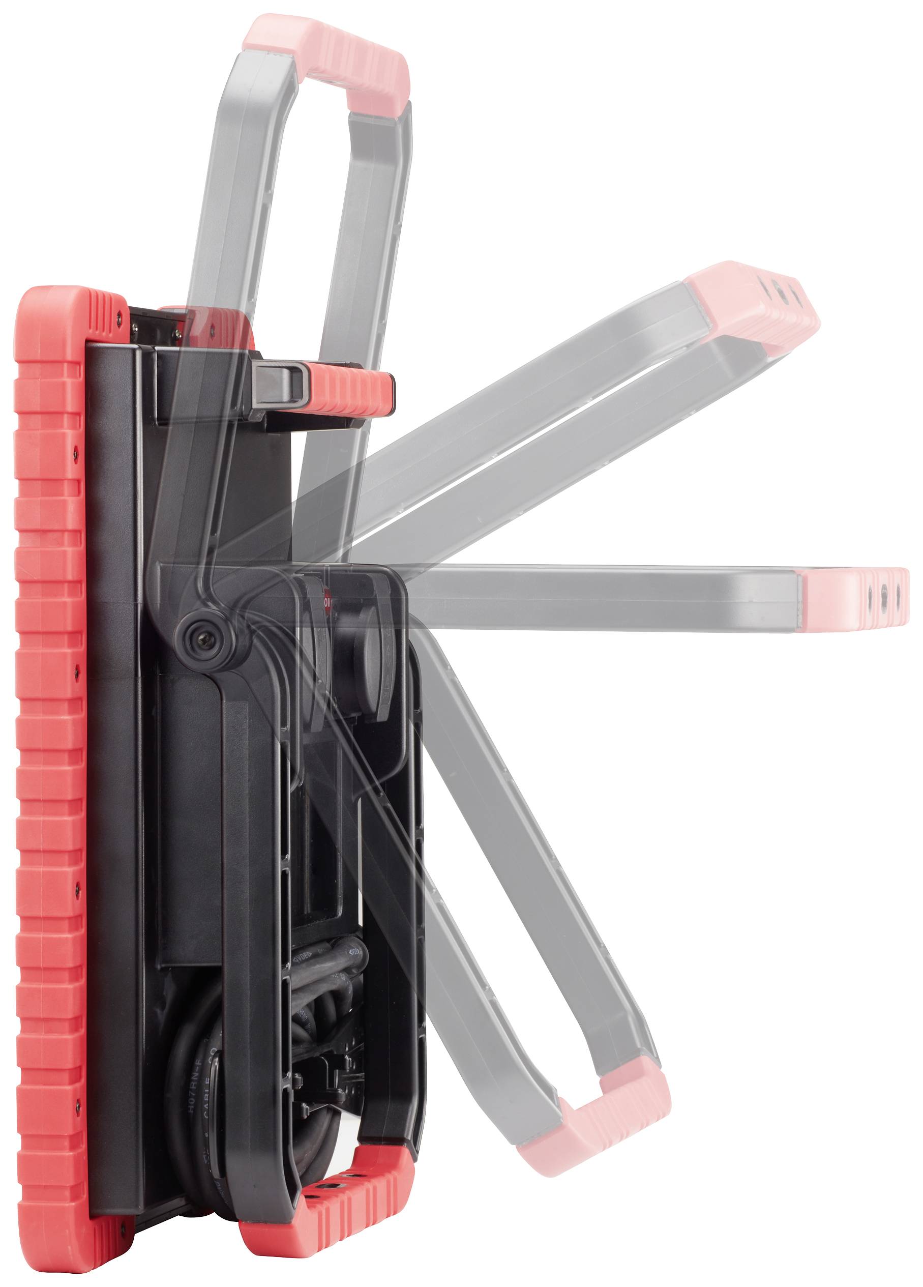 Ein schwarzes Gerät mit rotem Griff, das in mehreren Winkeln schwenkbar dargestellt ist. Kabelaufbewahrung an der Seite.