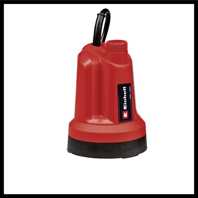 Rote Tauchpumpe mit schwarzem Sockel und schwarzem Griff. Markenname 'Einhell' sichtbar. Designed für Wasserentfernung.