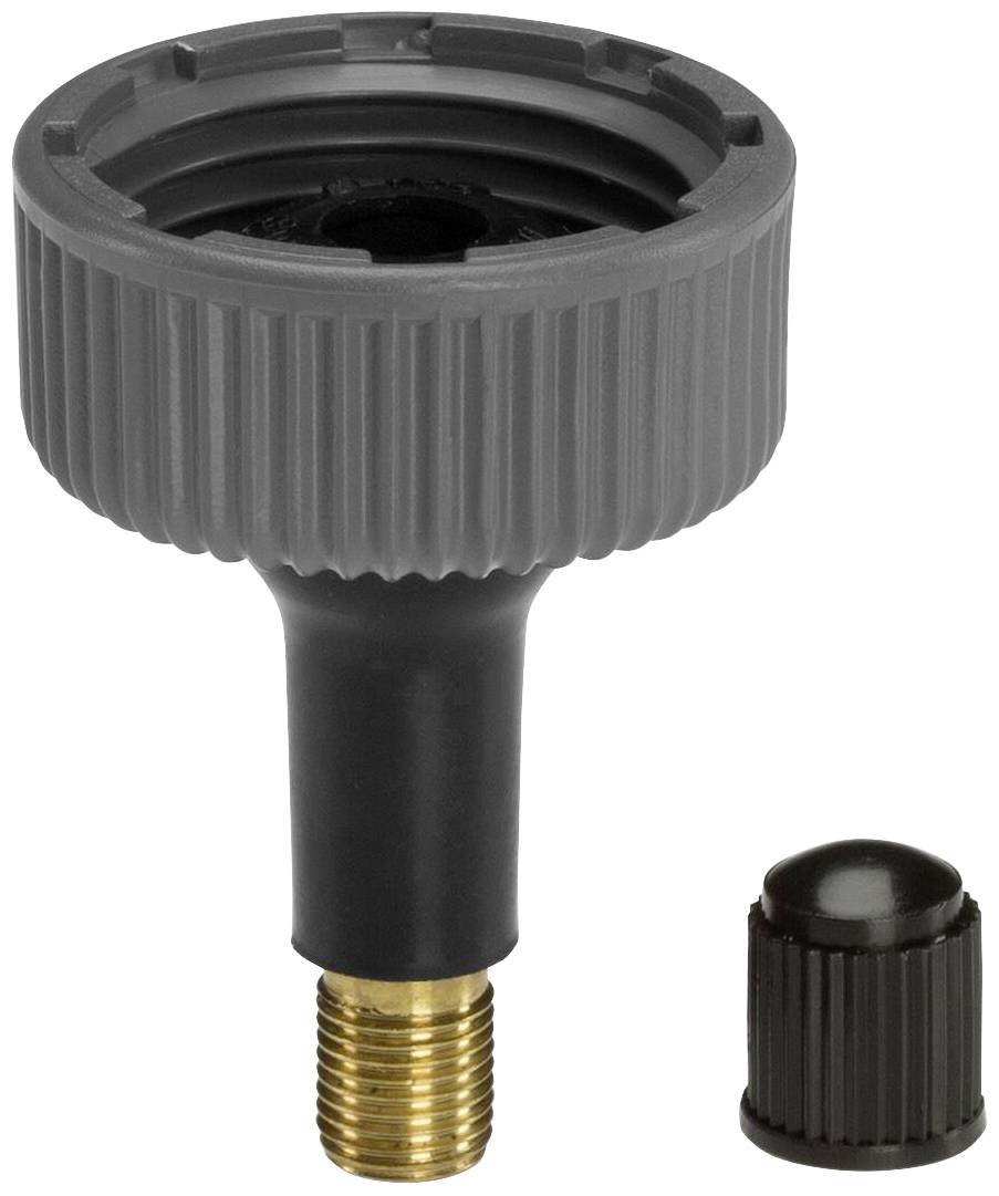 Graue Adapterdüse aus Kunststoff mit goldener Metallspitze und passender Verschlusskappe, verwendet für Luft- oder Wasseranschlüsse.