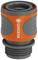 Abgebildet ist ein grauer und orangefarbener Schlauchverbinder der Marke Gardena.